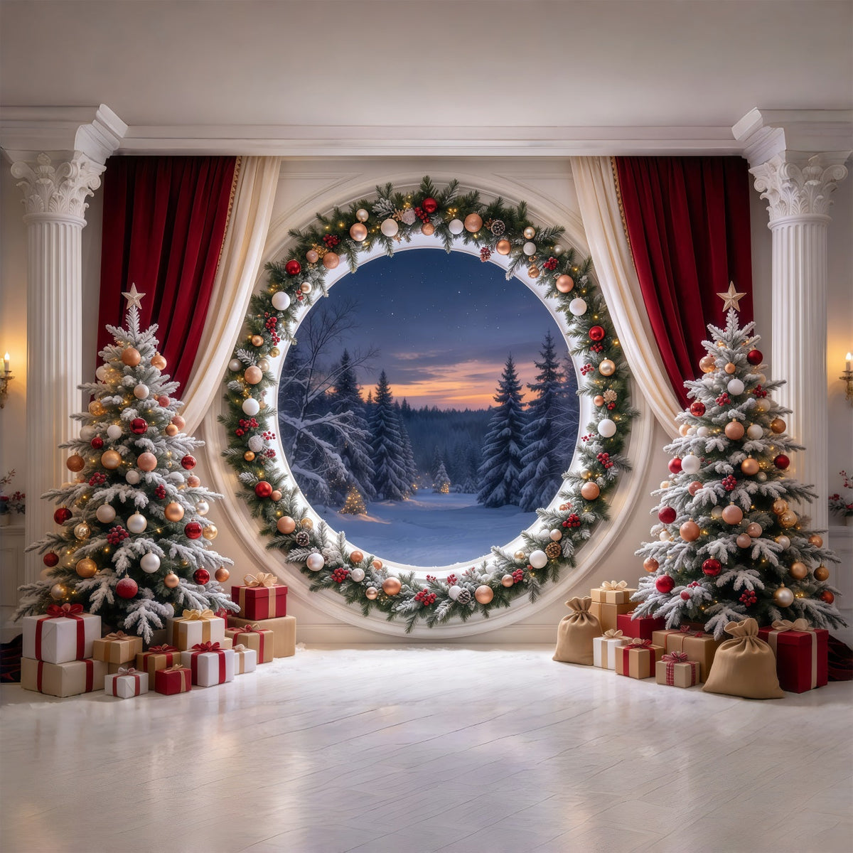 Christmas Backdrop Scenes Round Forest Window Garland Christmas Backdrop HD UK GQ69-90