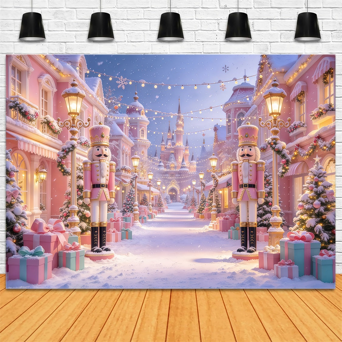 Pink Christmas Photo Backdrop Snowy Nutcracker Castle Street Colorful Christmas Backdrop UK GQ69-92