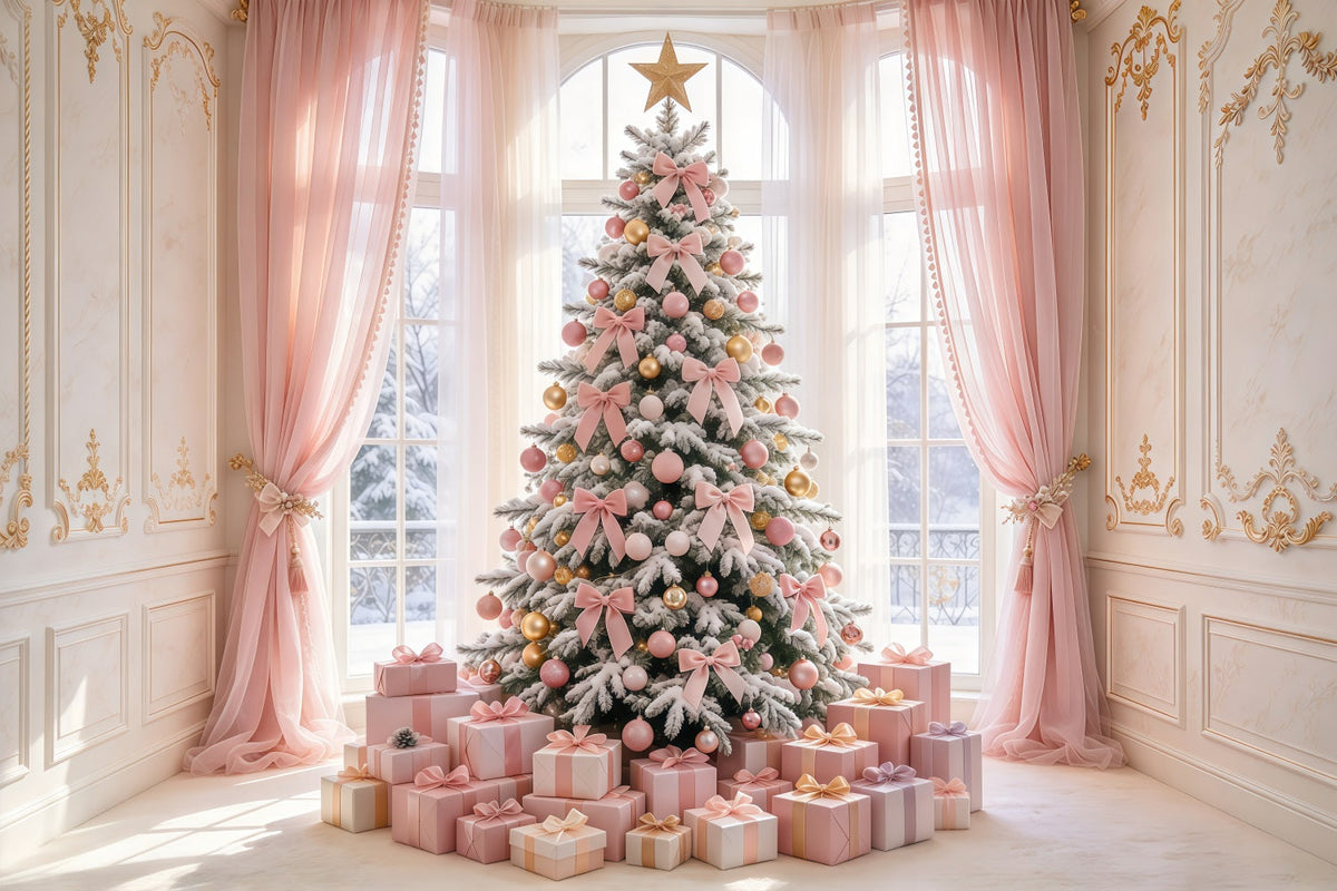 Pink Christmas Backdrops For Photography Blush Bow Tree Gifts Christmas Photoshoot Backdrops UK GQ69-94