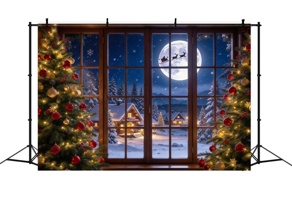 Christmas Window Scene Backdrop Moonlit Santa Sleigh Window 5x7 Christmas Backdrop UK GQ69-95