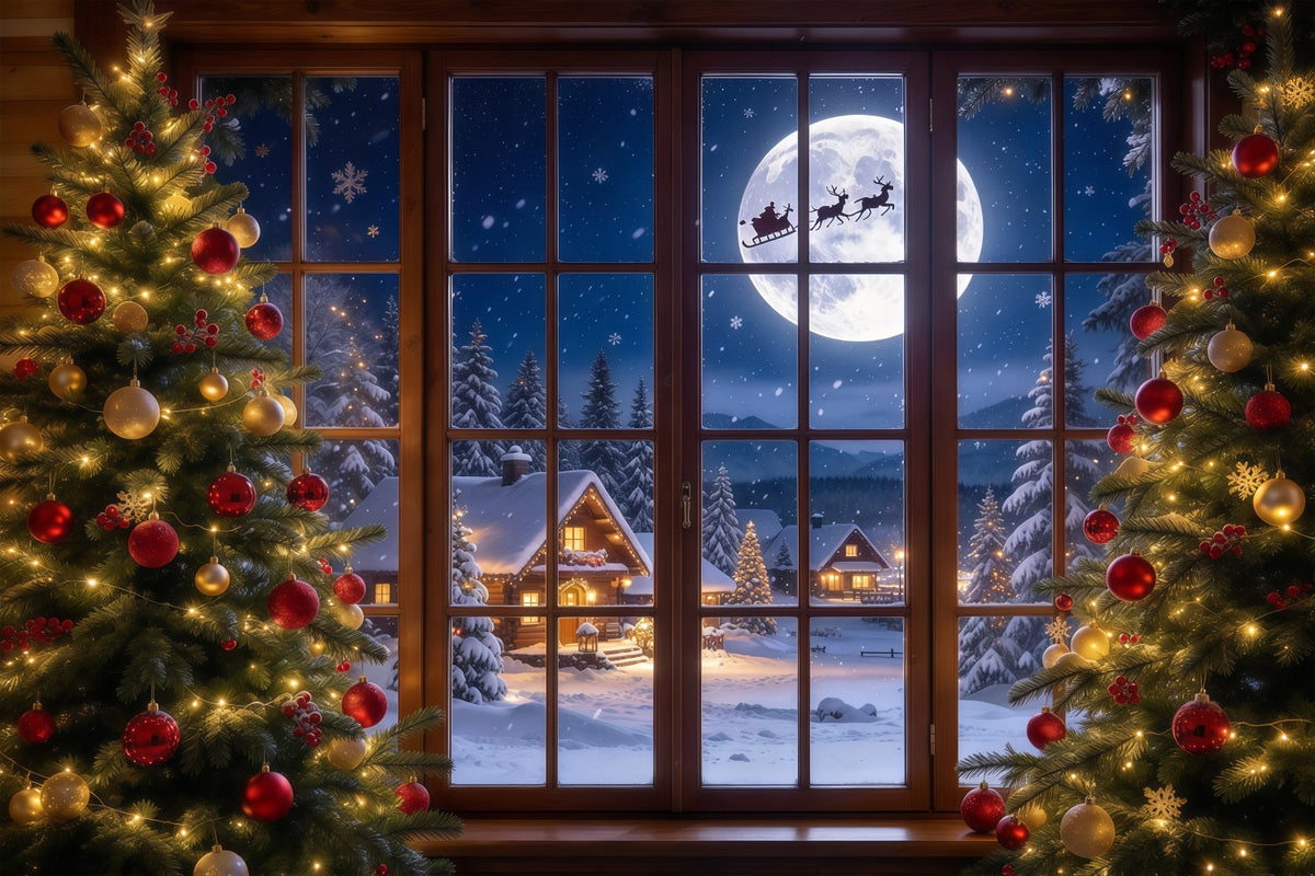 Christmas Window Scene Backdrop Moonlit Santa Sleigh Window 5x7 Christmas Backdrop UK GQ69-95