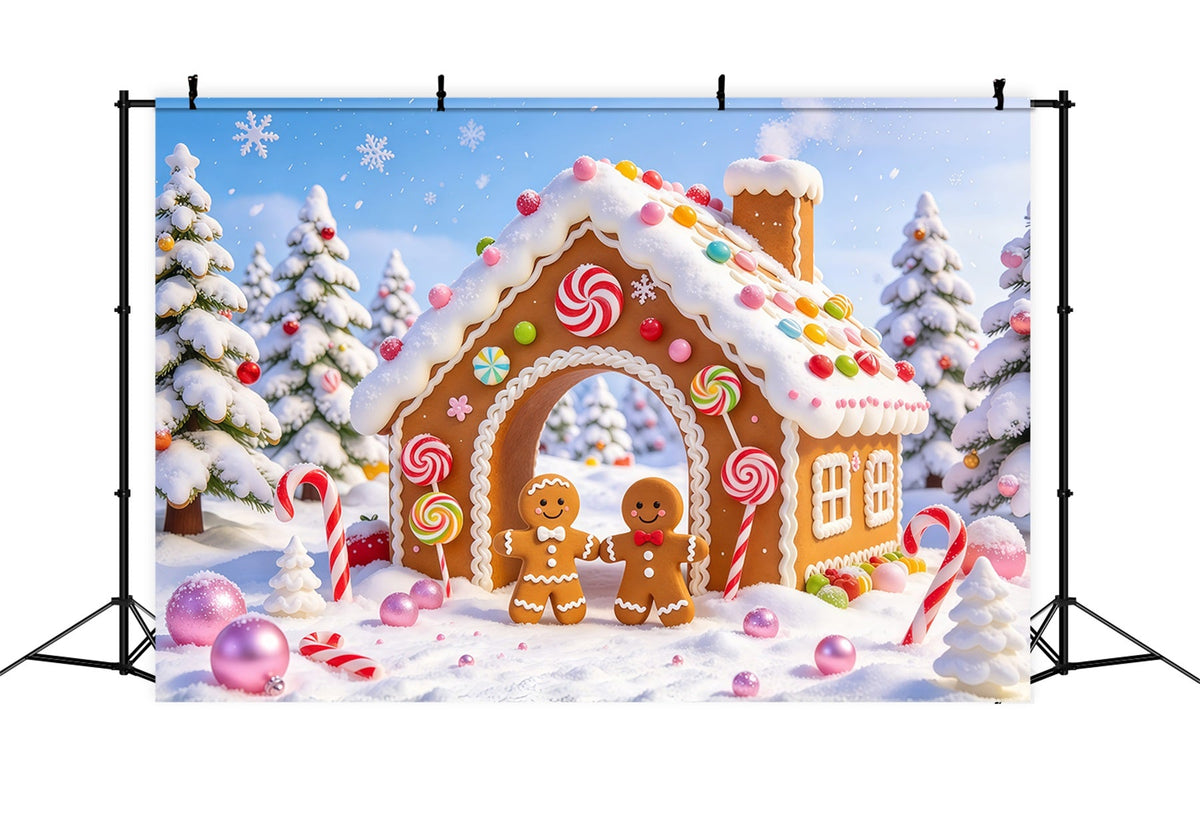 Christmas Candy Cane Backdrop Snowy Candy Cottage Gingerbread Man Backdrop UK GQ69-99