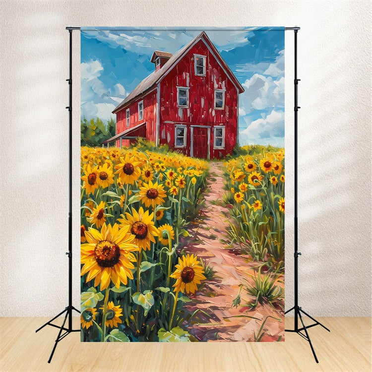 Backdrop Fine Art Rustic Red Barn Sunflowers Backdrop UK GTY-118