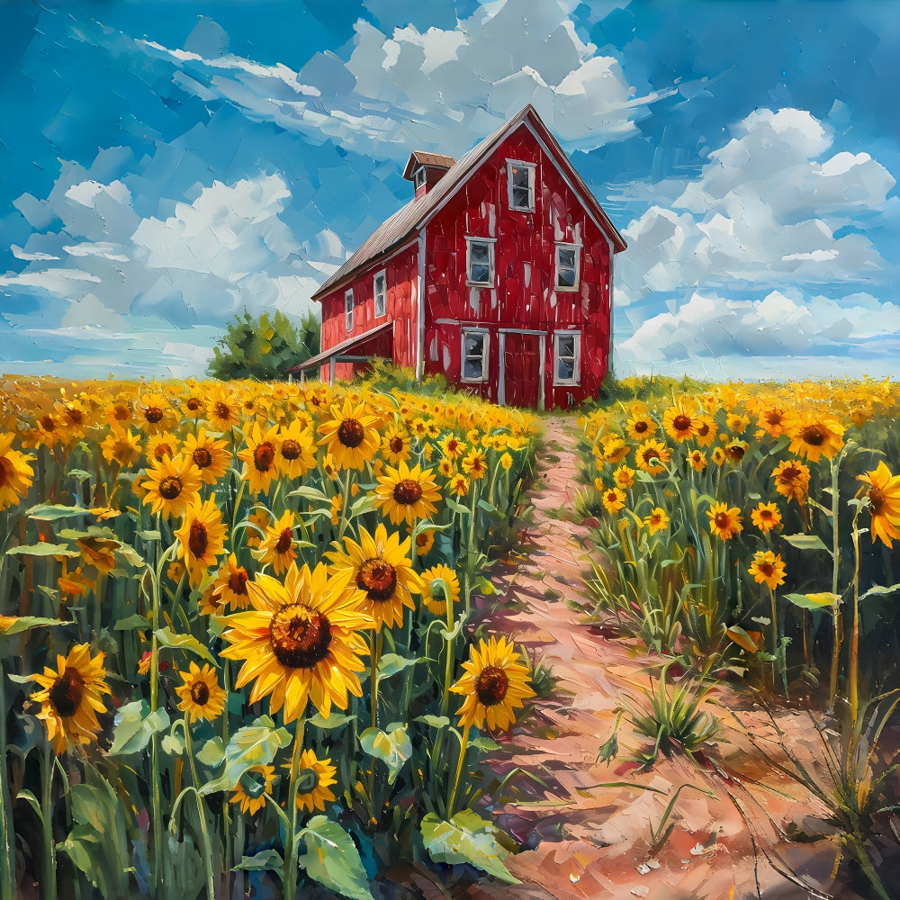 Backdrop Fine Art Rustic Red Barn Sunflowers Backdrop UK GTY-118