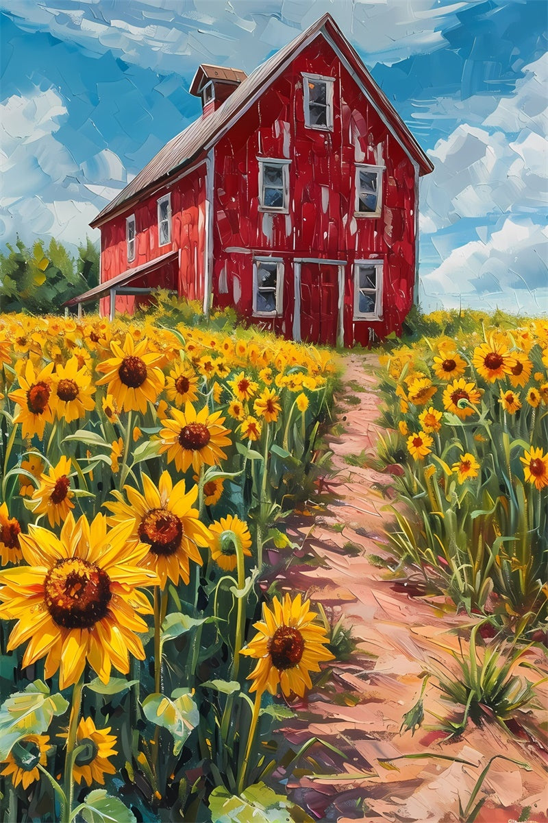 Backdrop Fine Art Rustic Red Barn Sunflowers Backdrop UK GTY-118