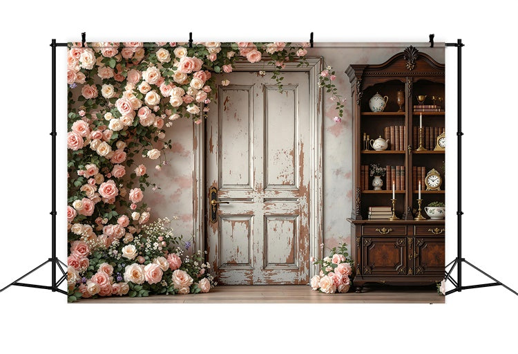 Maternity Shoot Backdrop Rustic Door Blooming Rose Backdrop UK GTY2-27