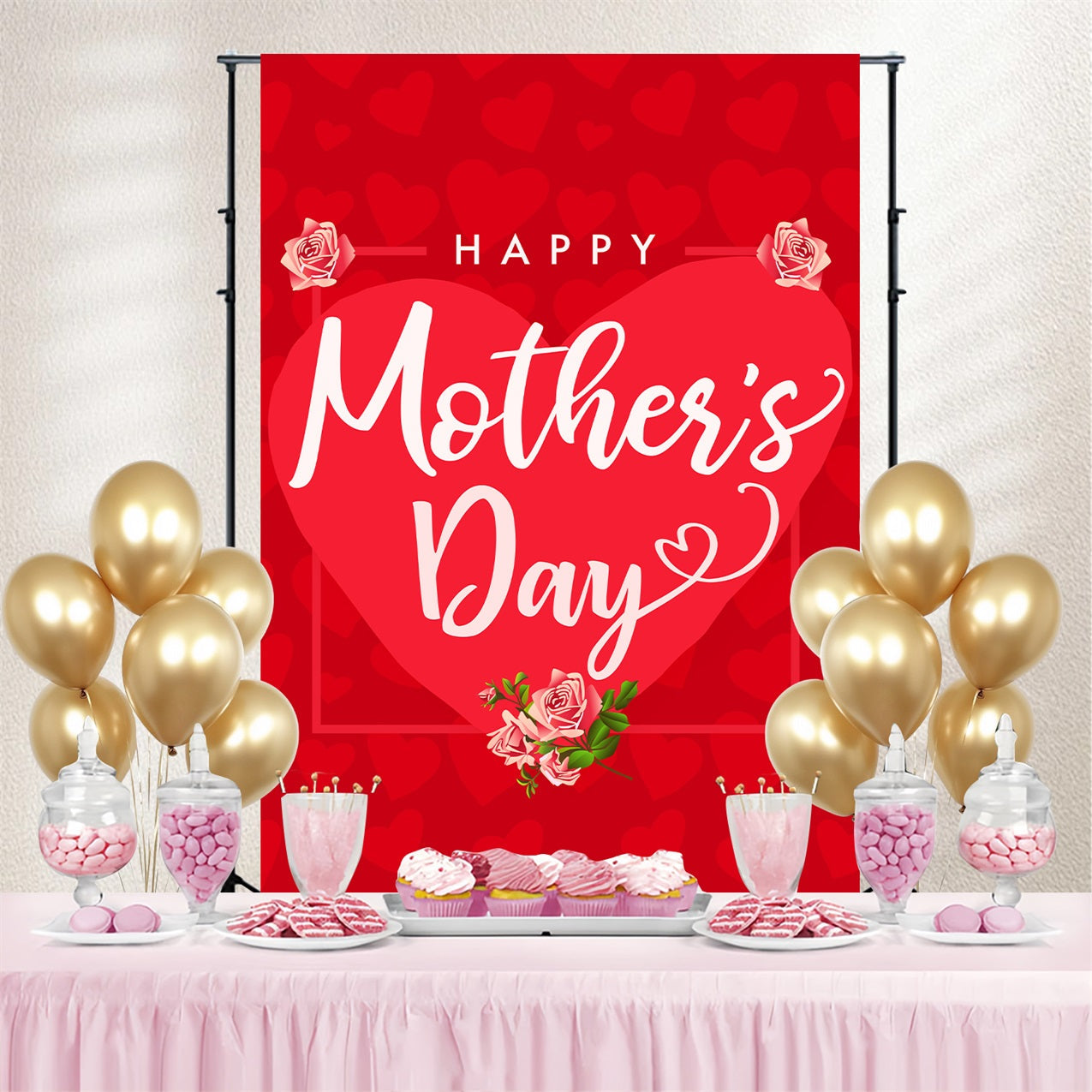 Backdrop For Mothers Day Romantic Red Heart Customized Backdrop UK GTY3-185