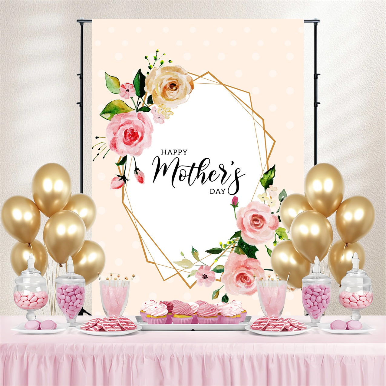 Backdrop Mothers Day Floral Golden Frame Custom Backdrop UK GTY3-208