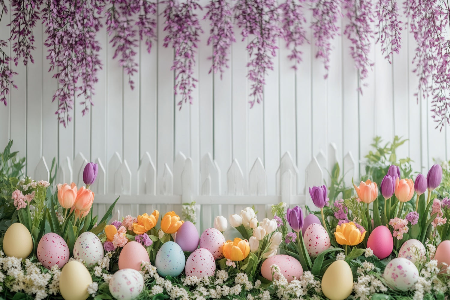 Backdrop For Easter Wisteria Bloom White Fence Backdrop UK GTY3-240