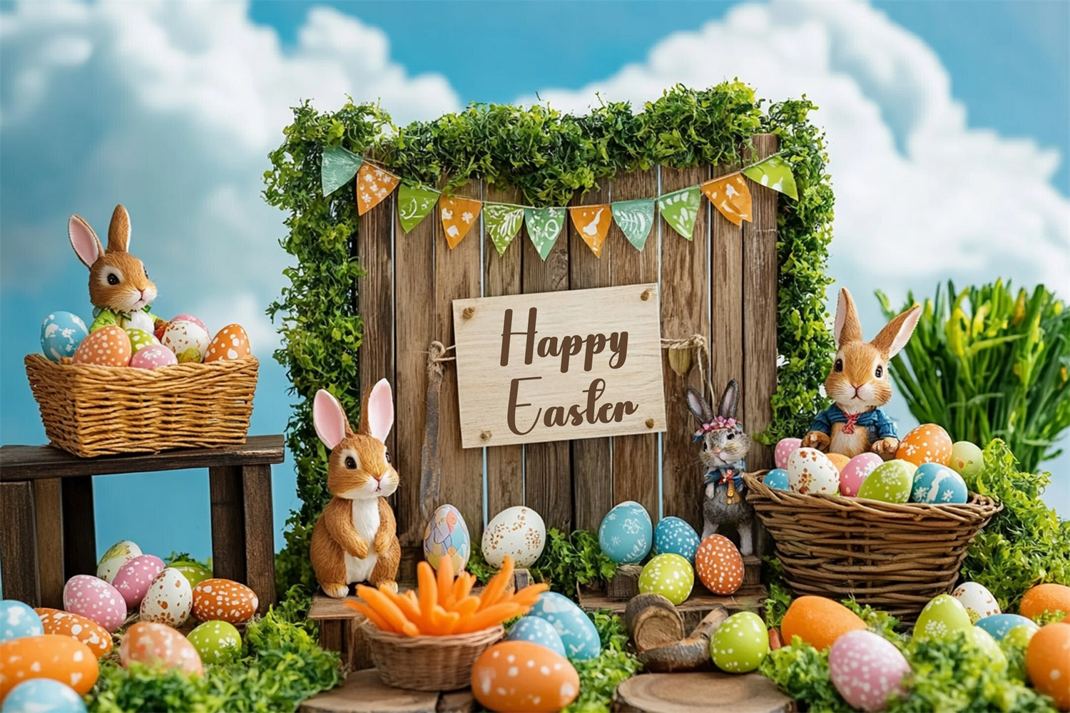 Easter Backdrop Festive Bunny Basket Rustic Backdrop UK GTY3-241