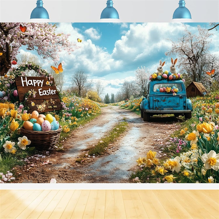 Easter Backdrops Photography Retro Truck Egg Meadow Backdrop UK GTY3-245