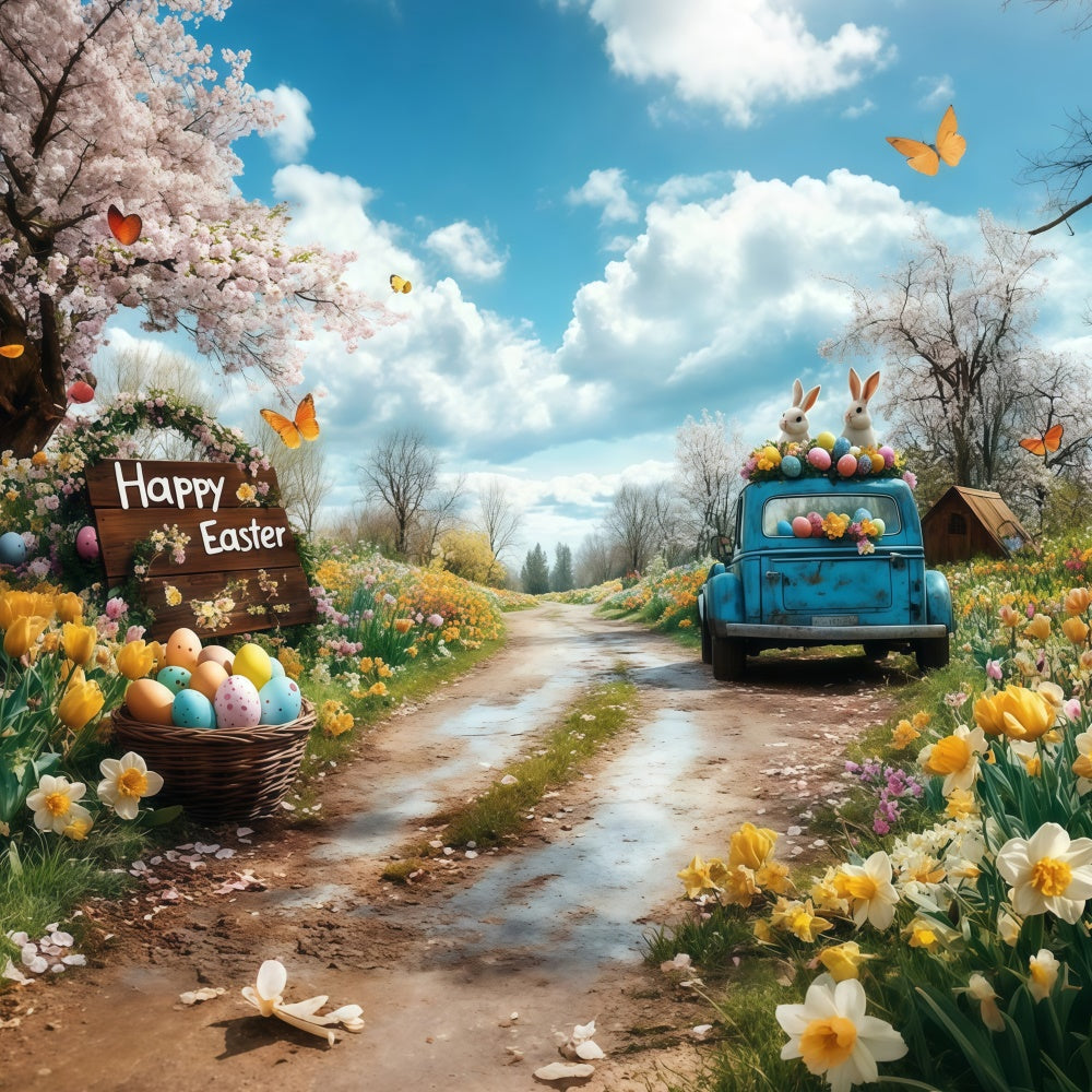 Easter Backdrops Photography Retro Truck Egg Meadow Backdrop UK GTY3-245