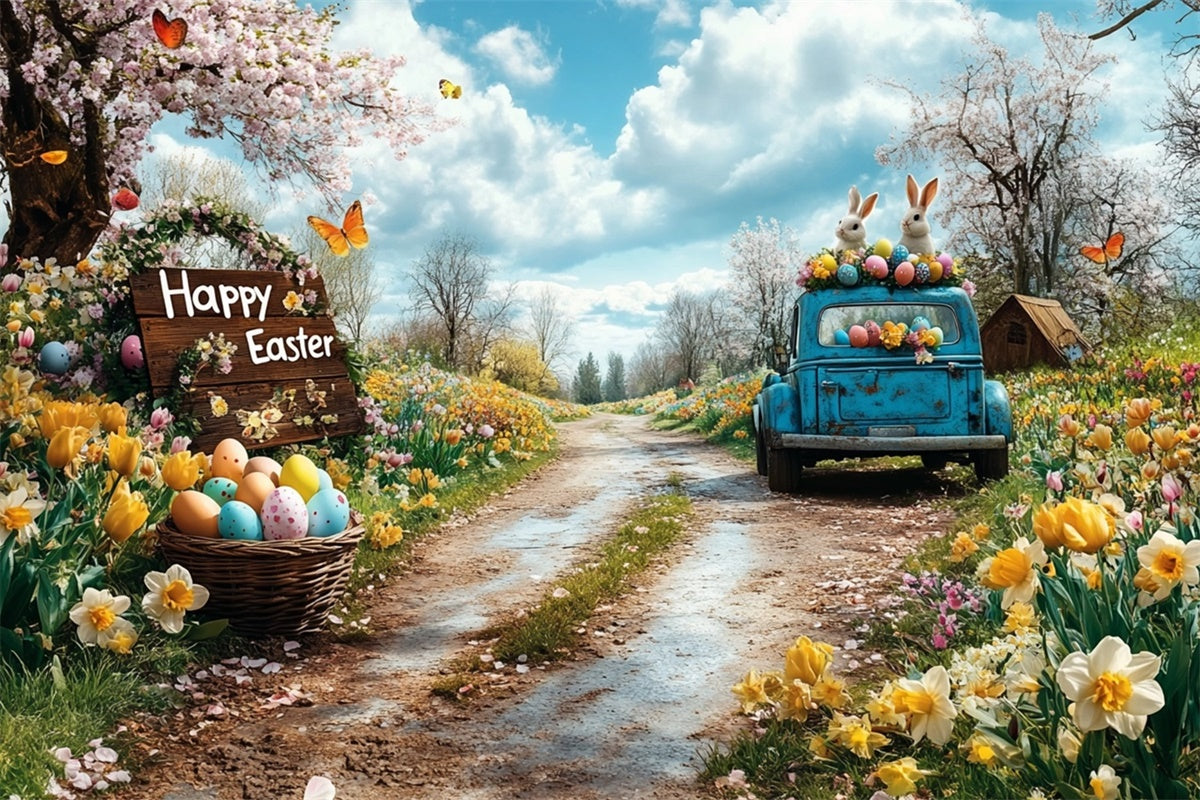 Easter Backdrops Photography Retro Truck Egg Meadow Backdrop UK GTY3-245