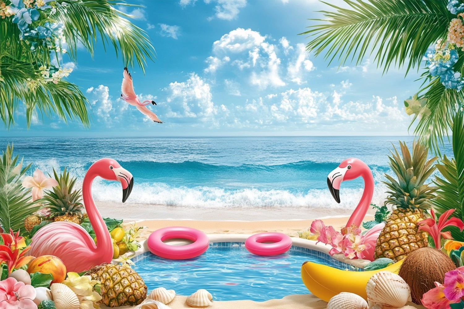 Tropical Beach Backdrop Tropical Fruit Flamingo Summer Backdrop UK GTY3-282