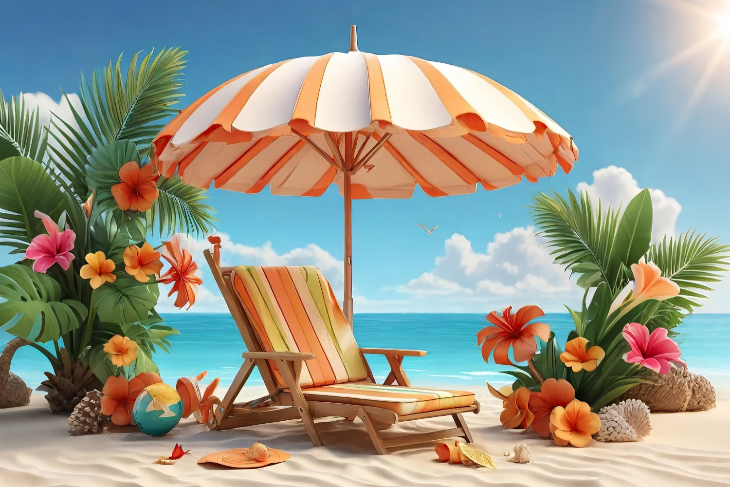 Tropical Beach Backdrop Palm Flower Chair Summer Backdrop UK GTY3-293