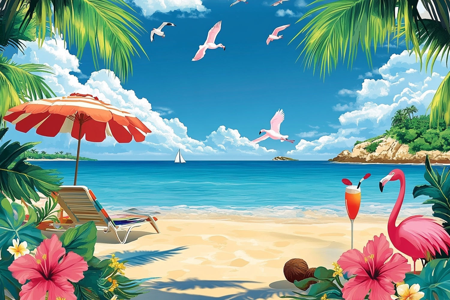 Tropical Photo Backdrop Flamingos Island Beach Summer Backdrop UK GTY3-304