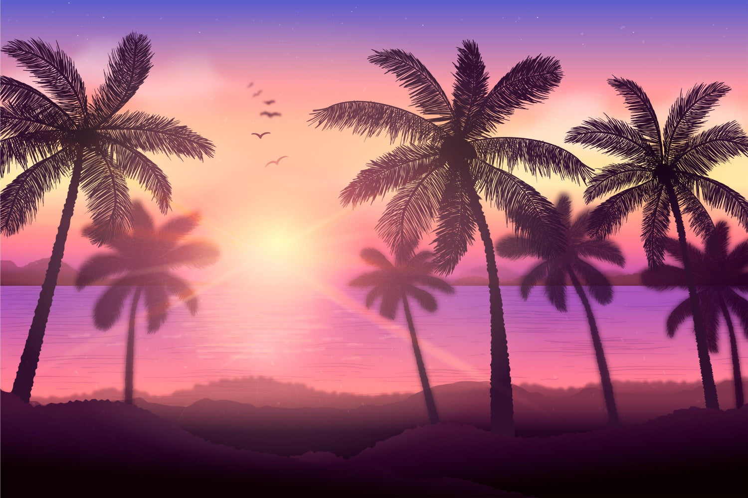 Tropical Beach Backdrop Sunset Glow Palm Tree Backdrop UK GTY3-372