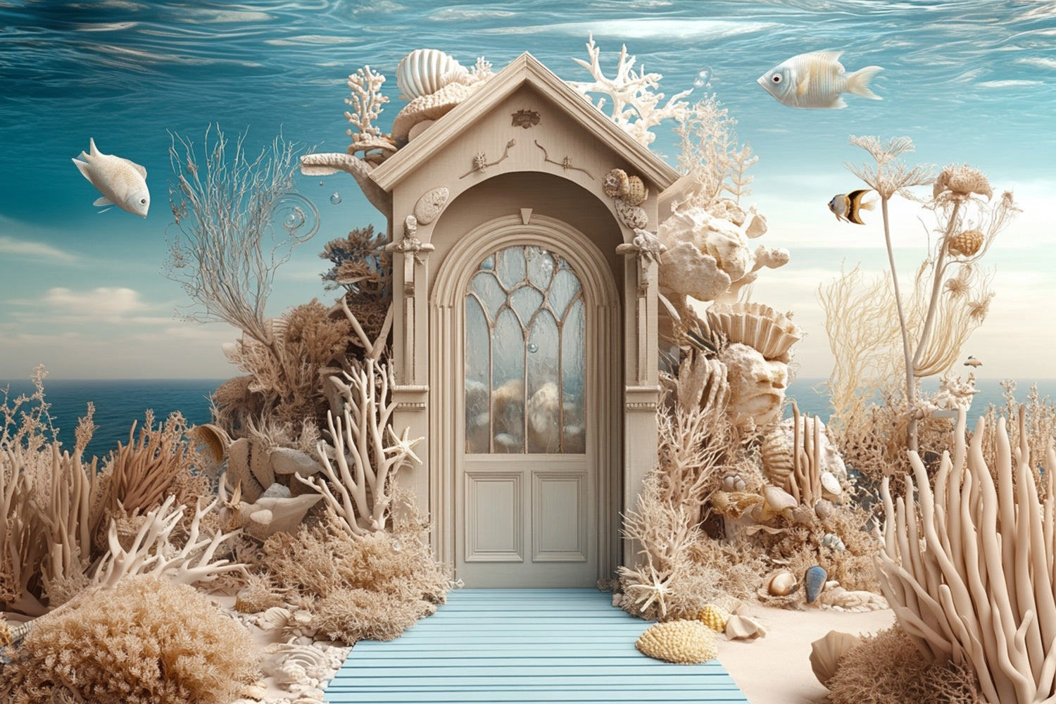 Summer Photo Backdrop Underwater Coral Castle Door Backdrop UK GTY3-377