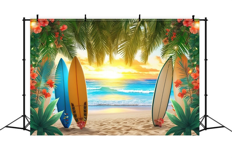 Beach Backdrop Colorful Surfboards Palm Leaves Summer Backdrop UK GTY3-384