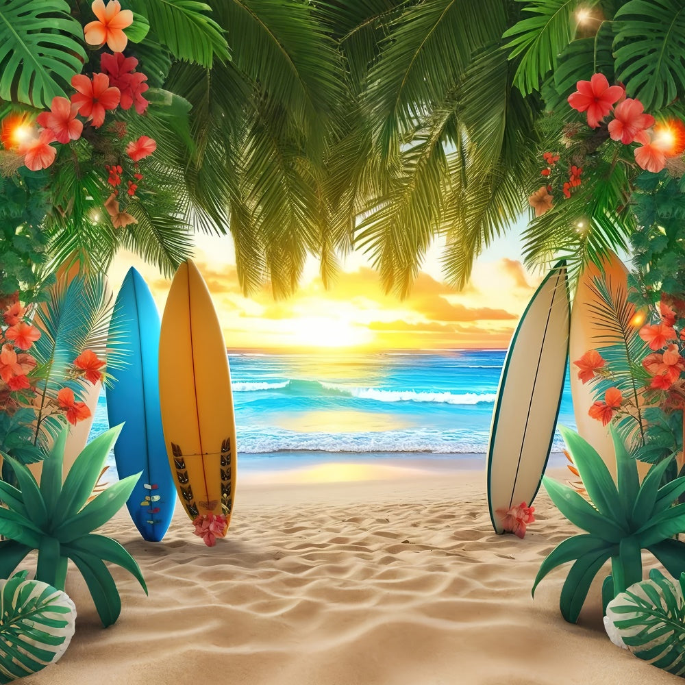 Beach Backdrop Colorful Surfboards Palm Leaves Summer Backdrop UK GTY3-384