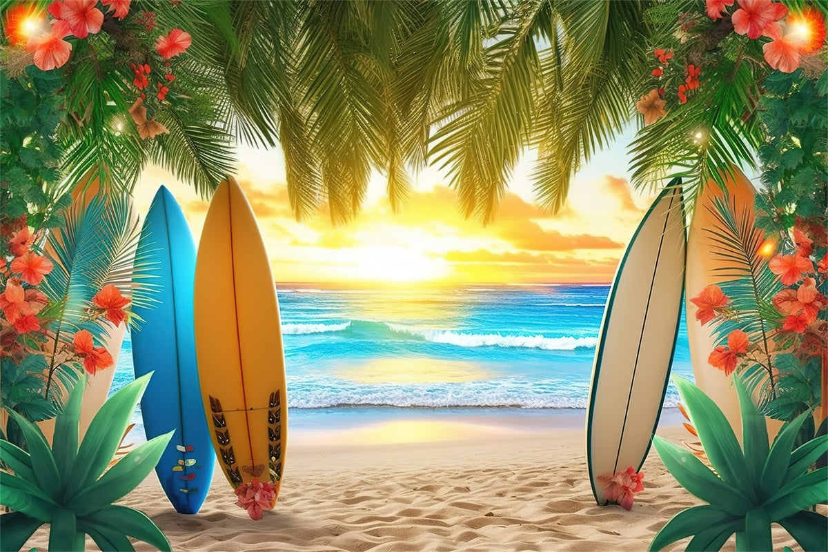 Beach Backdrop Colorful Surfboards Palm Leaves Summer Backdrop UK GTY3-384