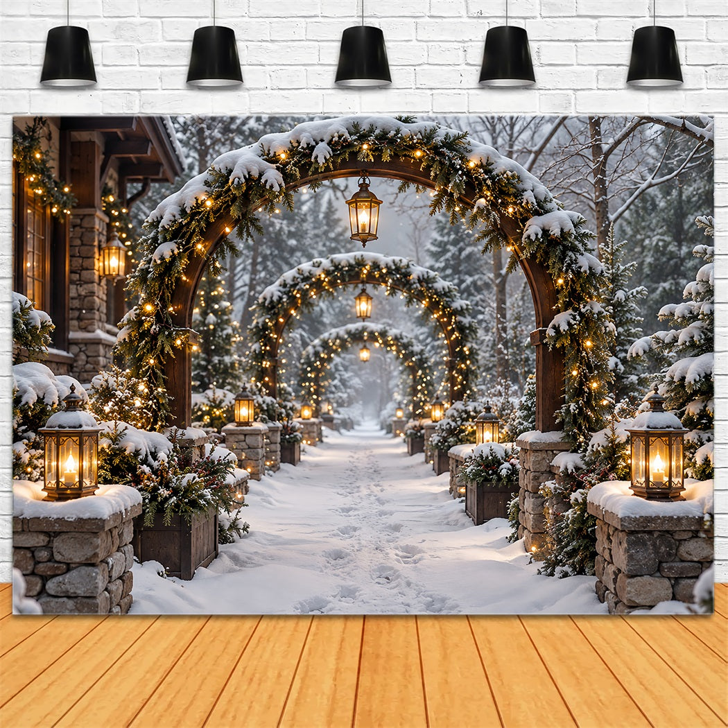 Christmas Arch Backdrop Snowy Stone Lantern Archway Xmas Photo Backdrops UK HQ610-154