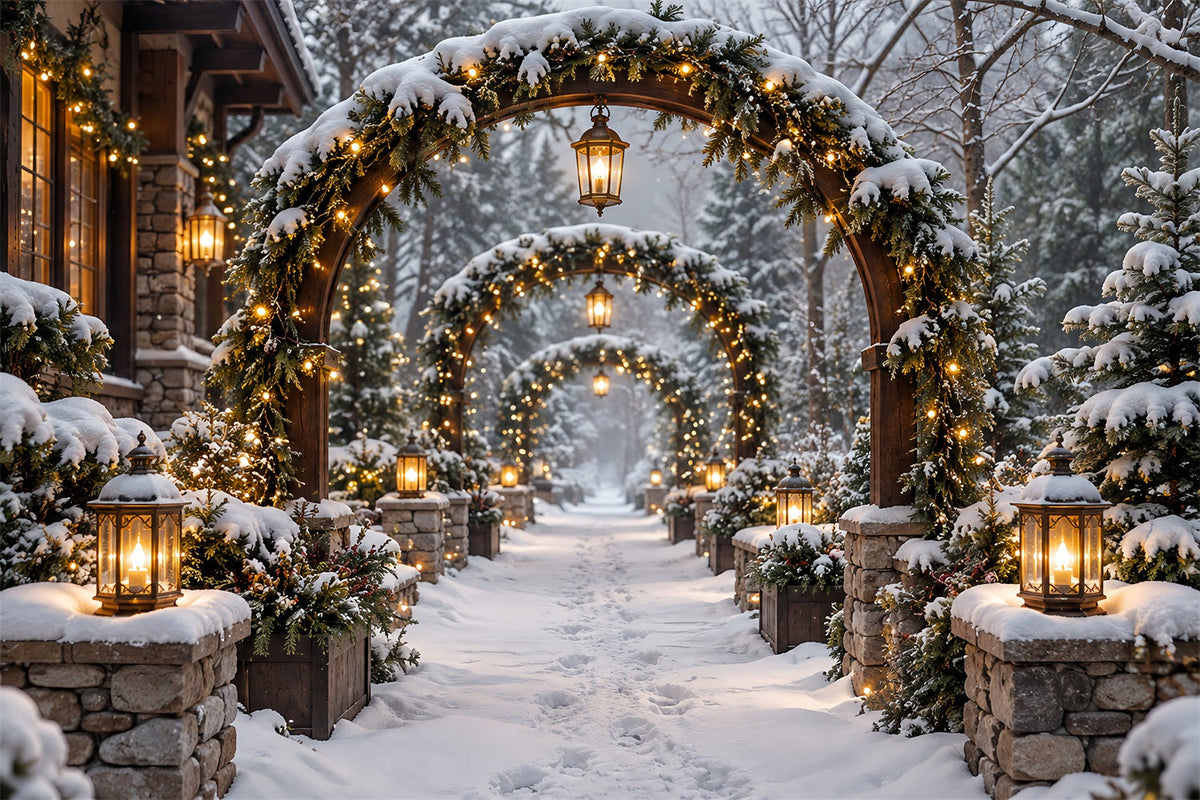 Christmas Arch Backdrop Snowy Stone Lantern Archway Xmas Photo Backdrops UK HQ610-154