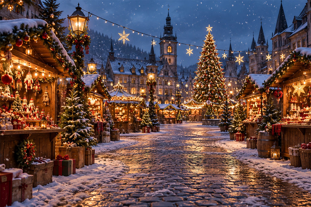 Christmas Town Backdrops Winter Snowy Market Square Christmas Backdrop Photos UK HQ610-155