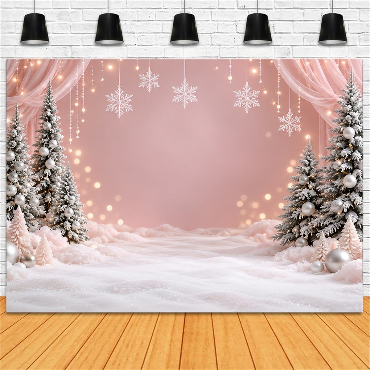 Winter Christmas Backdrop Blush Snowflake Wonderland Christmas Theme Backdrops UK HQ610-156