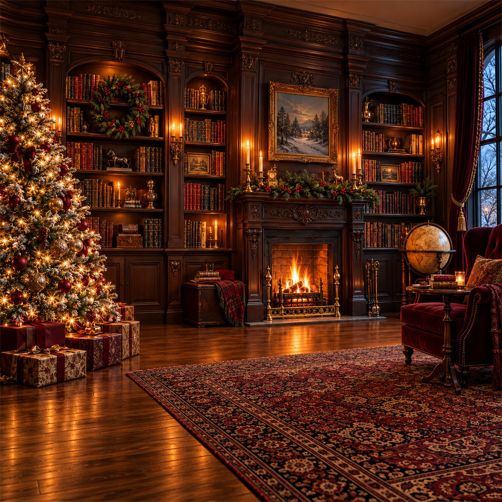 Victorian Christmas Backdrops Vintage Fireplace Library Christmas Holiday Backdrops UK HQ610-158
