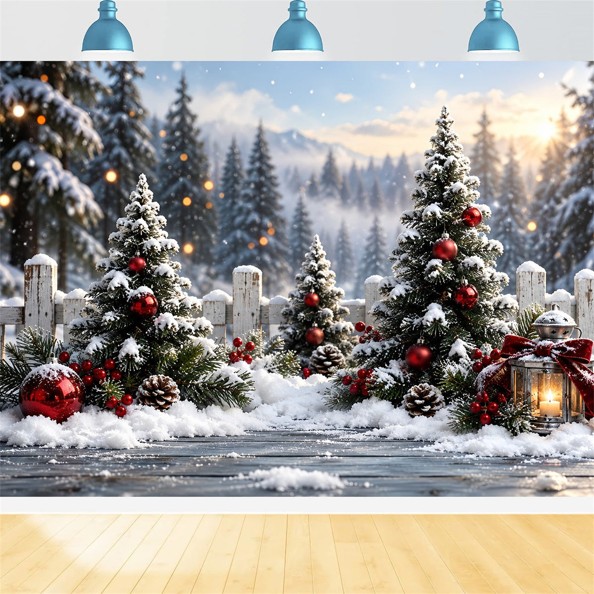 Christmas Tree Forest Backdrop Snowy Red Ornament Fence Xmas Backdrop for Photos UK HQ610-159