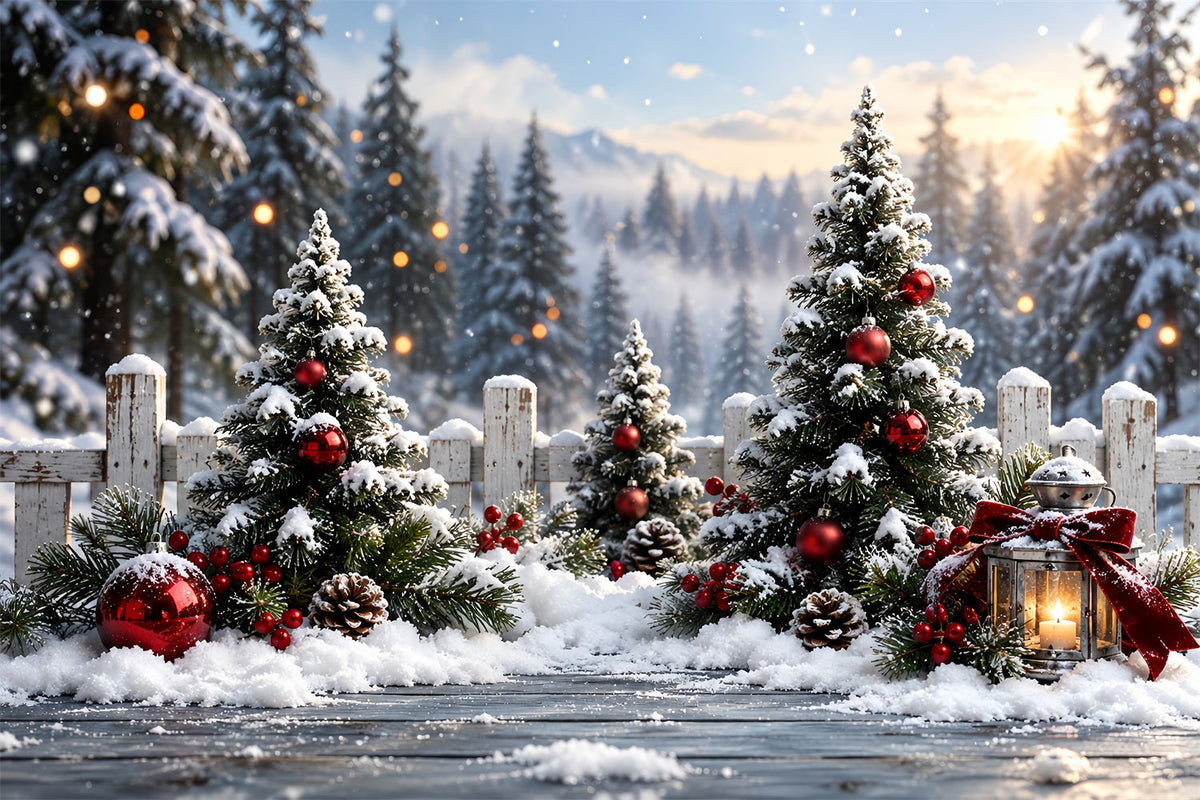 Christmas Tree Forest Backdrop Snowy Red Ornament Fence Xmas Backdrop for Photos UK HQ610-159