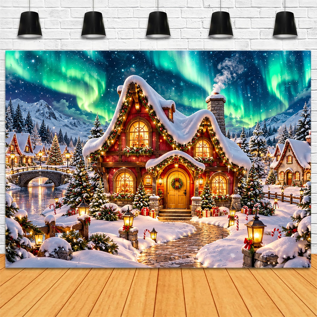 Christmas Elf Backdrop Glowing Aurora Snowy Cottage Christmas Photos Backdrop UK HQ610-162