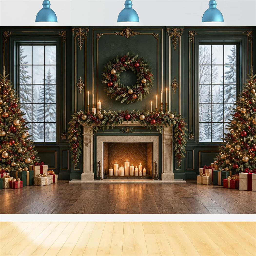 Living Room Christmas Backdrop Emerald Mantel Golden Garland Christmas Card Backdrops UK HQ610-163