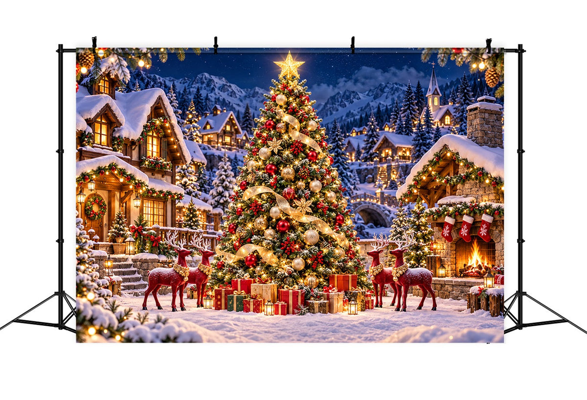 Retro Christmas Backdrop Reindeer Village Golden Tree Reindeer Photo Backdrop UK HQ610-165