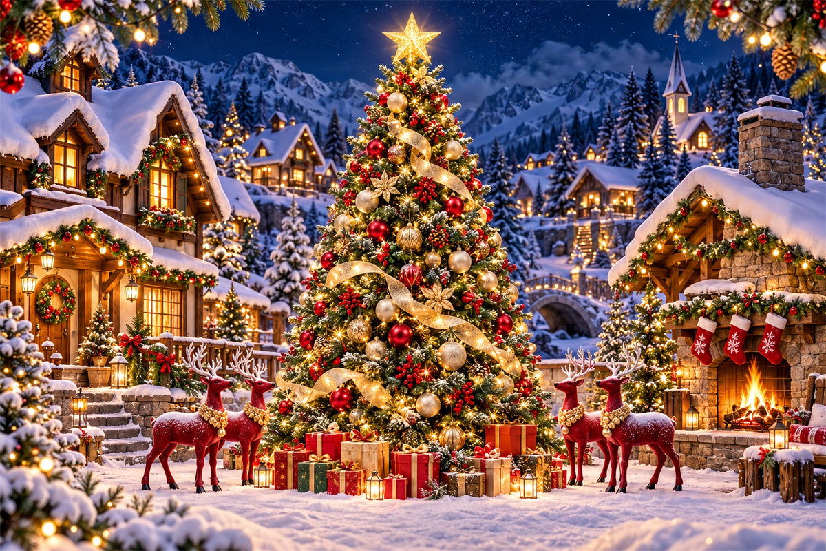 Retro Christmas Backdrop Reindeer Village Golden Tree Reindeer Photo Backdrop UK HQ610-165