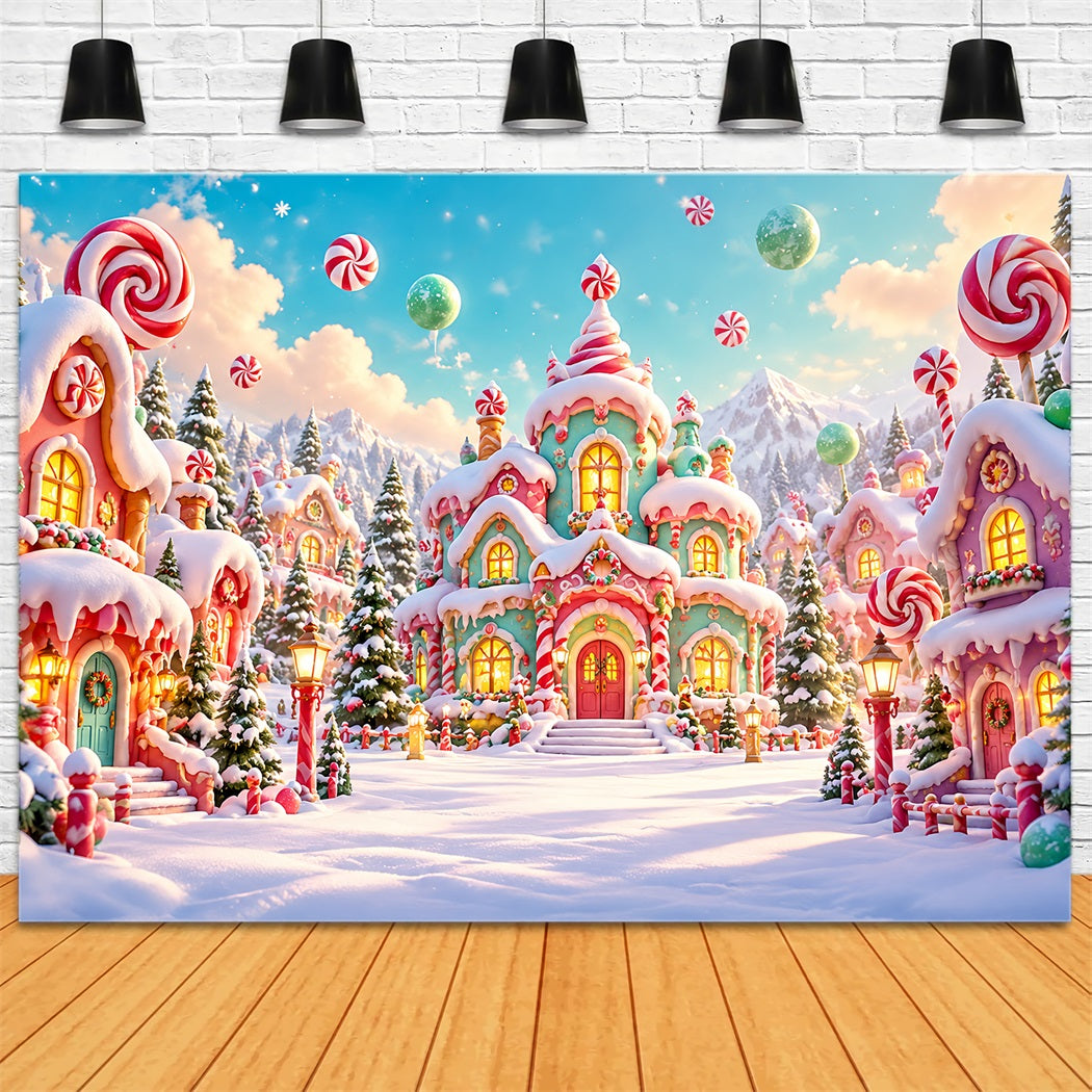 Candyland Christmas Backdrop Pastel Candy Cottage Village Photography Christmas Backdrop UK HQ610-166