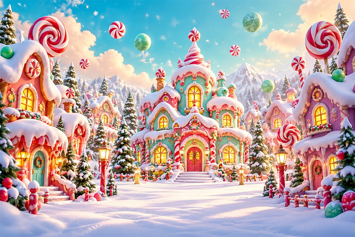 Candyland Christmas Backdrop Pastel Candy Cottage Village Photography Christmas Backdrop UK HQ610-166