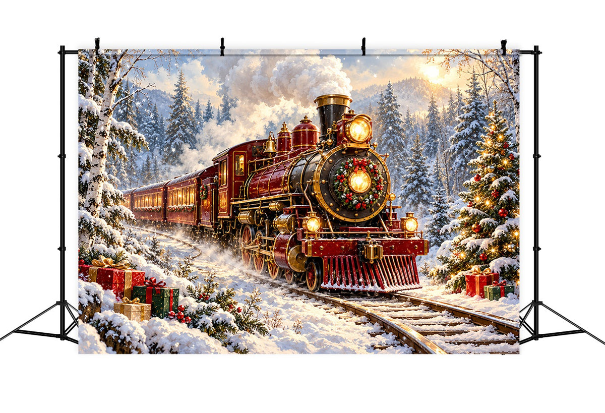 Professional Christmas Backdrop Burgundy Locomotive Snowy Forest Christmas Village Backdrop UK HQ610-167