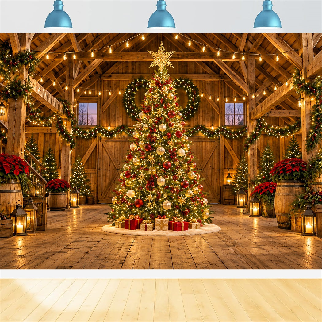 Christmas Lights Photo Backdrop Rustic Barn Golden Tree Christmas Back