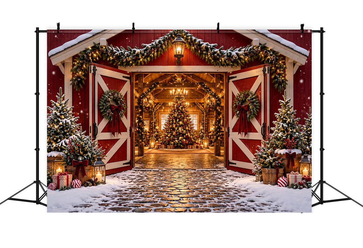 Christmas Tree Farm Backdrop Festive Red Barn Entrance Christmas Studio Backdrops UK HQ610-172