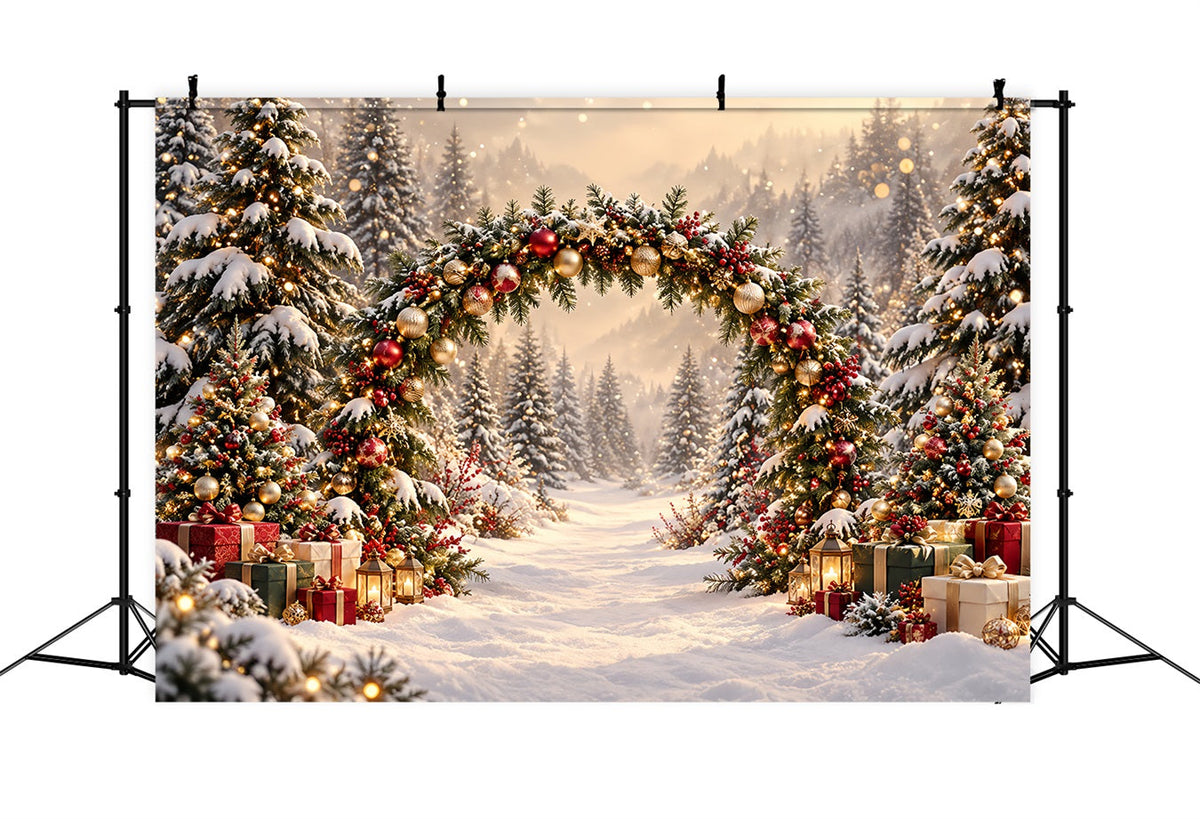 Christmas Backdrop Arch Golden Lights Evergreen Archway Christmas Pictures Backdrop UK HQ610-174