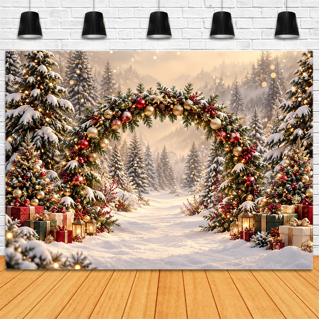 Christmas Backdrop Arch Golden Lights Evergreen Archway Christmas Pictures Backdrop UK HQ610-174