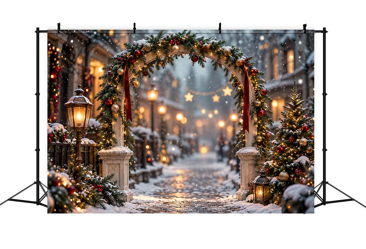 Christmas Lights Photo Backdrop Snowy Evergreen Lantern Arch Christmas Photo Wall Backdrop UK HQ610-175