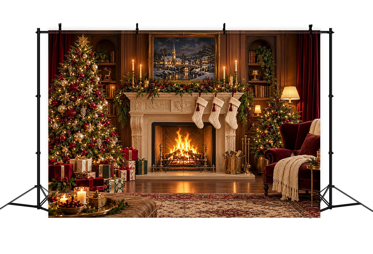 Santa Photo Backdrop Classic Fireplace Stockings Display Christmas Backdrops for Sale UK HQ610-179