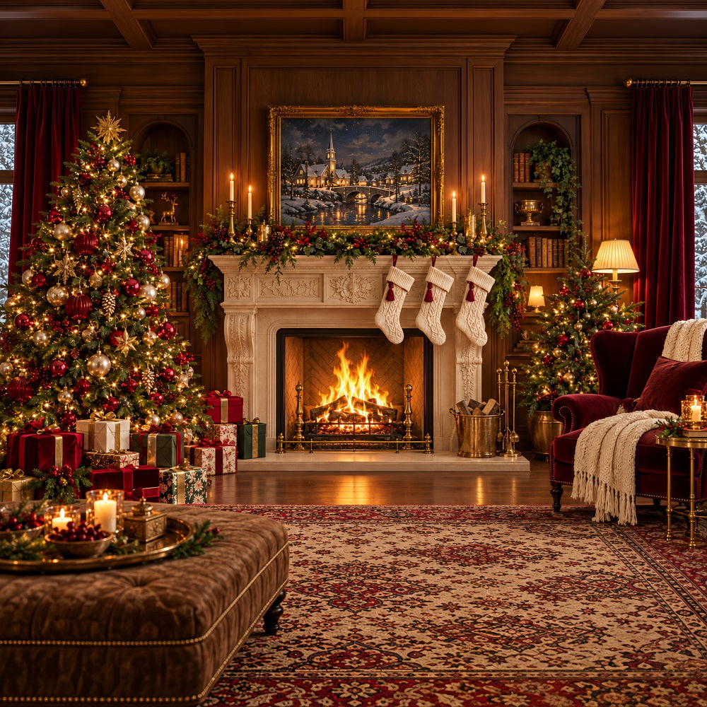 Santa Photo Backdrop Classic Fireplace Stockings Display Christmas Backdrops for Sale UK HQ610-179