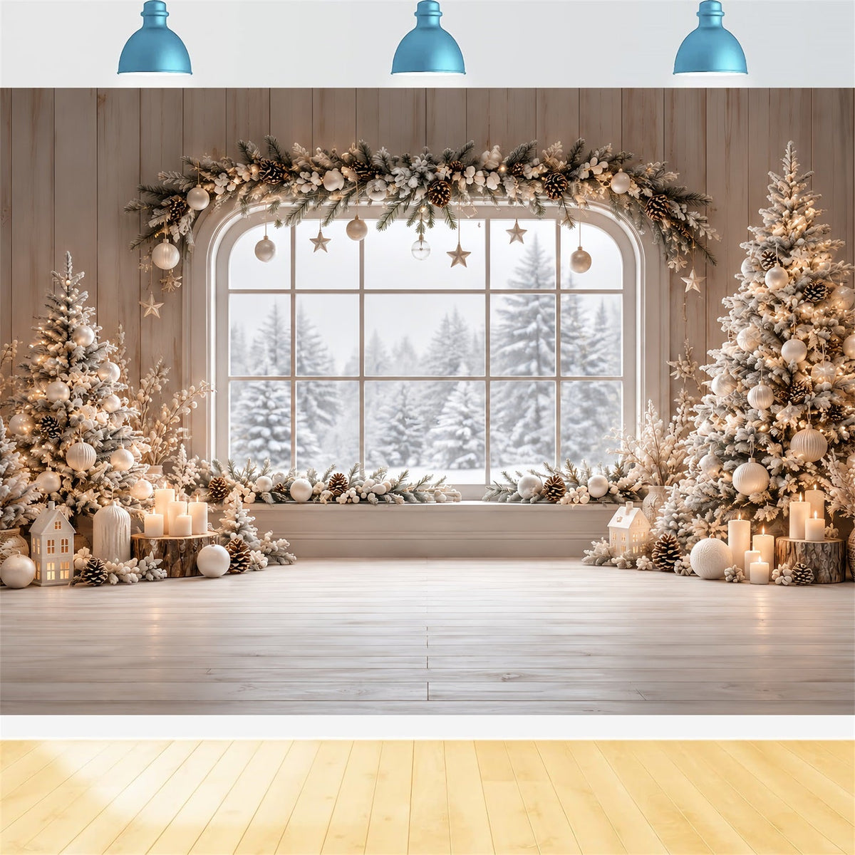 Christmas Window Backdrops Ivory Winter Cabin Garland Christmas Backdrop Wall UK HQ610-180