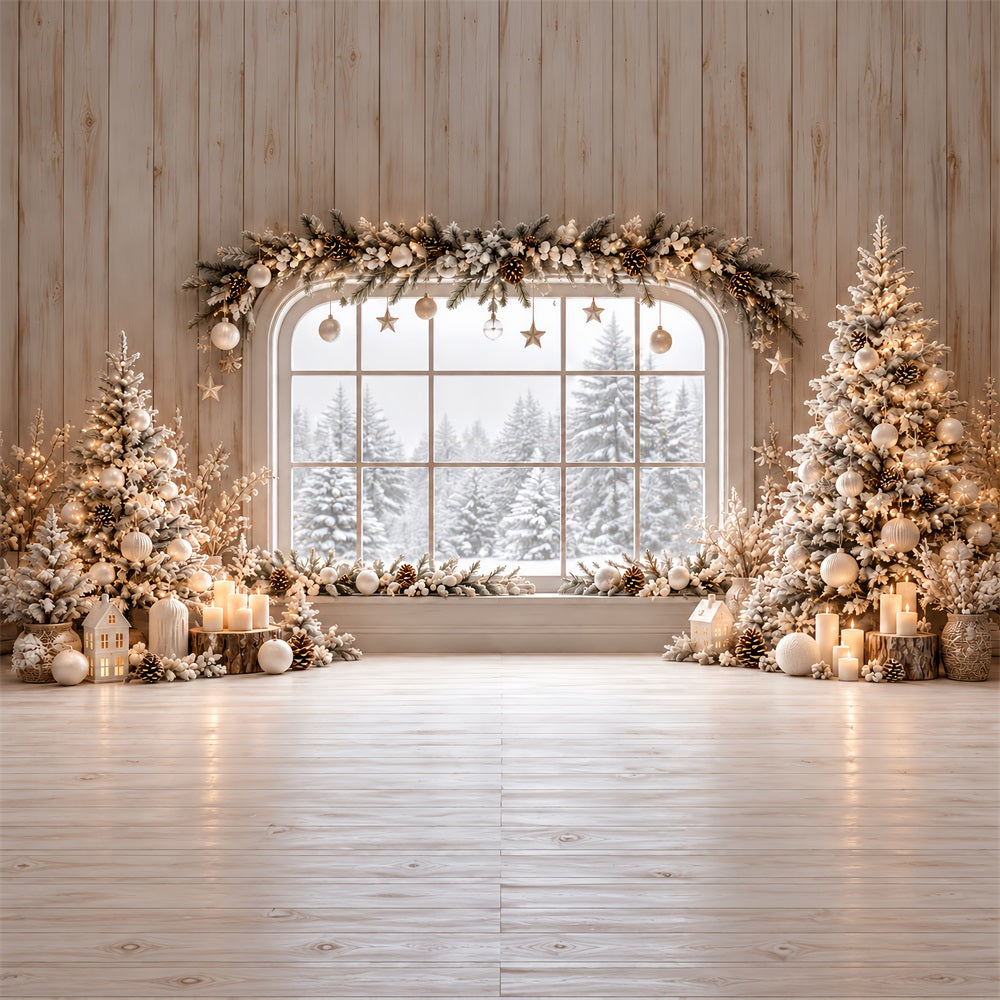 Christmas Window Backdrops Ivory Winter Cabin Garland Christmas Backdrop Wall UK HQ610-180