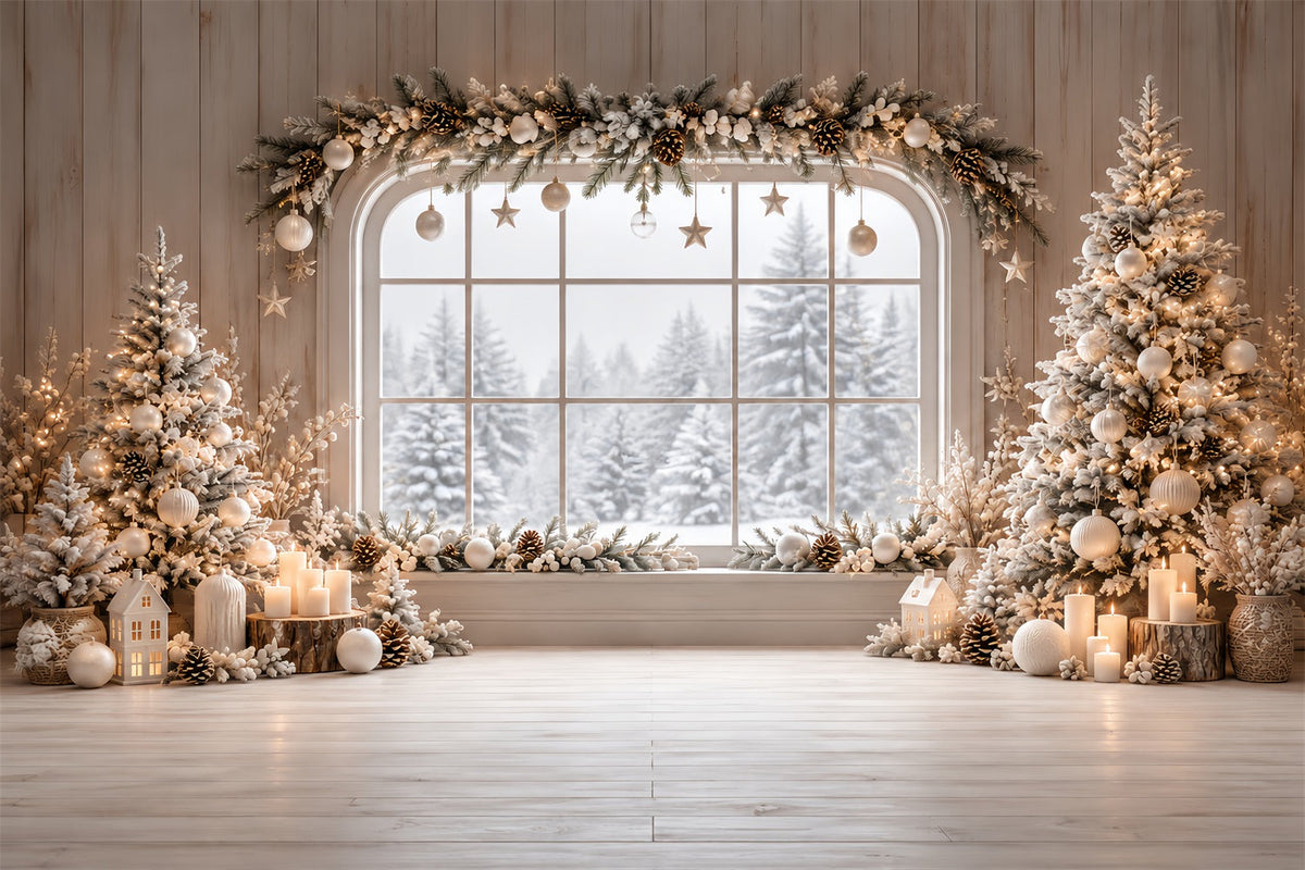 Christmas Window Backdrops Ivory Winter Cabin Garland Christmas Backdrop Wall UK HQ610-180