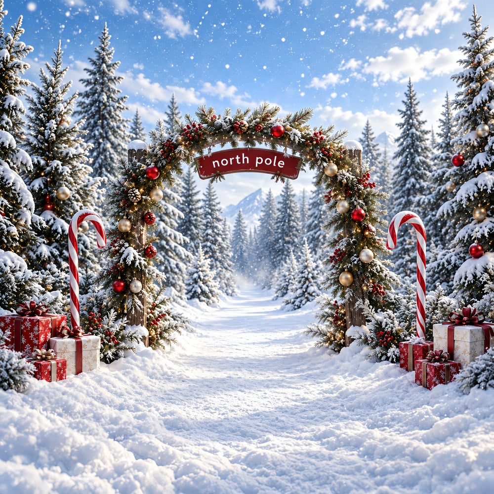 North Pole Photo Backdrop Candy Cane Forest Entrance Christmas Winter